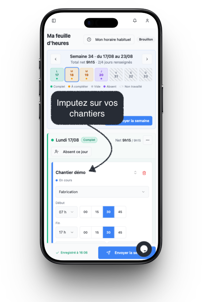 Ma feuille d'heures de PlanningBTP sur mobile — saisie des heures et imputation sur les chantiers